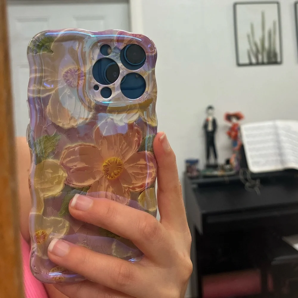 Kawaii Case for iPhone 13 Pro 6.1 inch(Oil Painting Flower/Glossy/Wave Border)